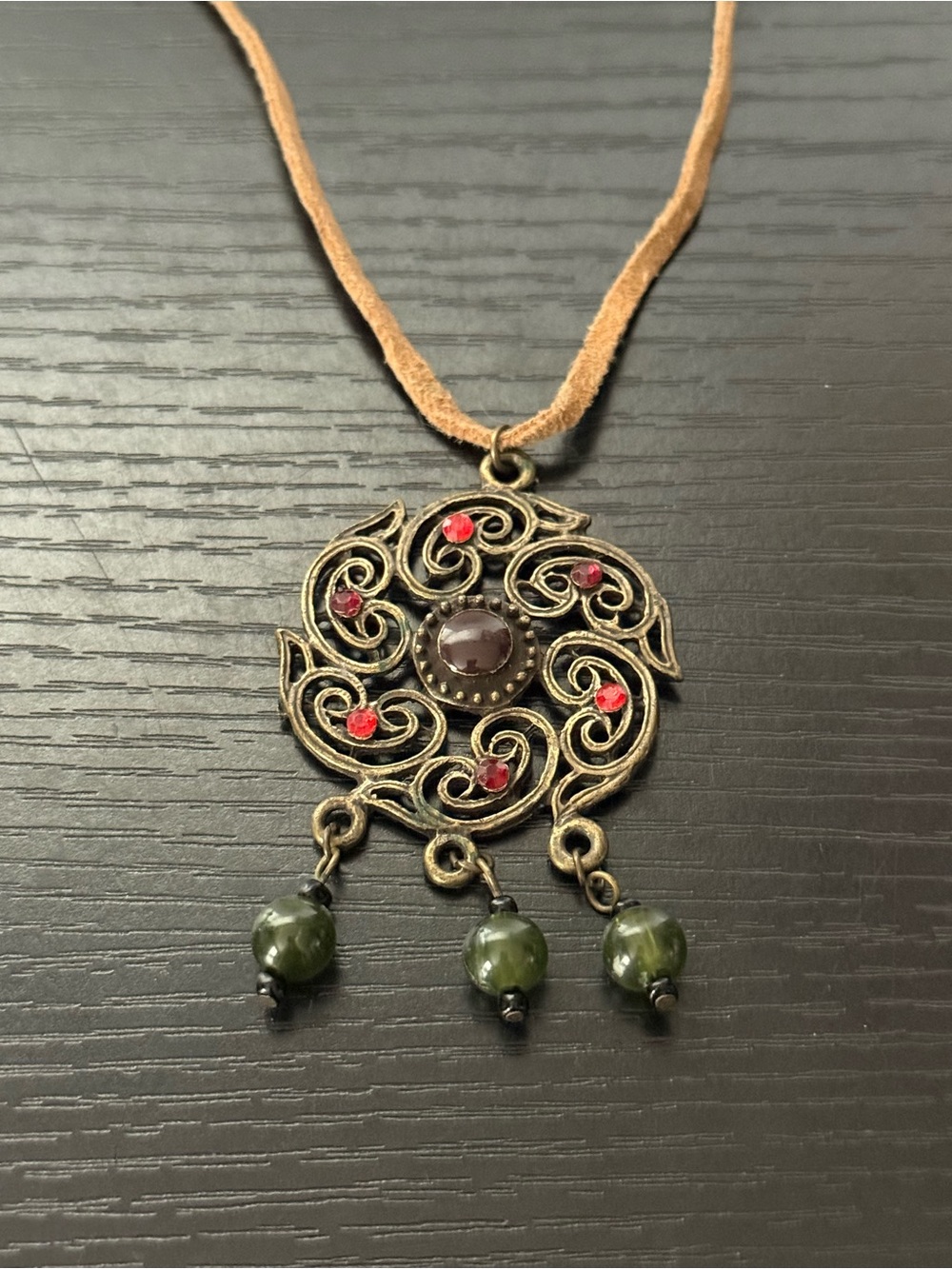 Bohemian Style Necklace w/Bronze Toned Ornate Swirling Medallion on Suede Cord - Picture 2 of 8